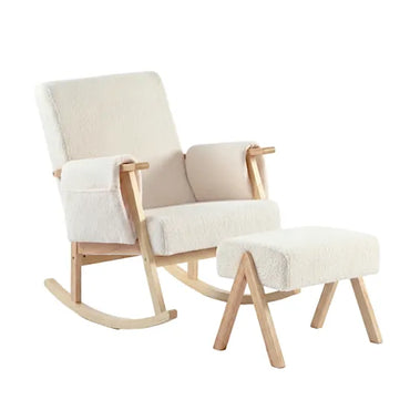 Bebe & Beyond Storyteller Nursing Chair and Stool set in Off White Teddy fabric with natural wood rocking frame