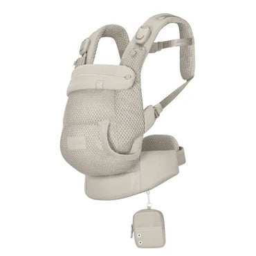 Cybex Laya Baby Carrier in Dune Grey, three-quarter view showing ergonomic mesh body, adjustable hood, and mini pouch accessory