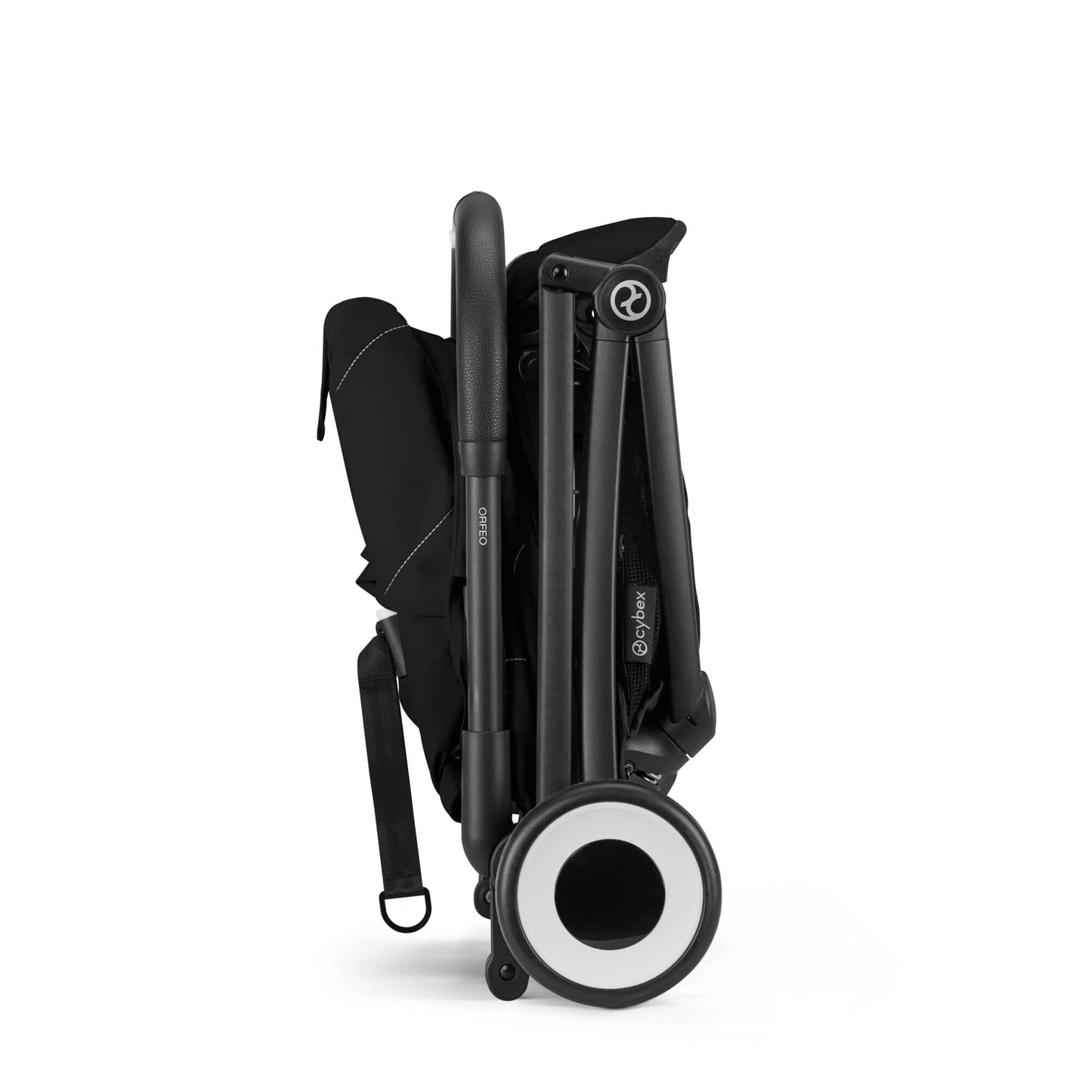 Black baby stroller folded side view