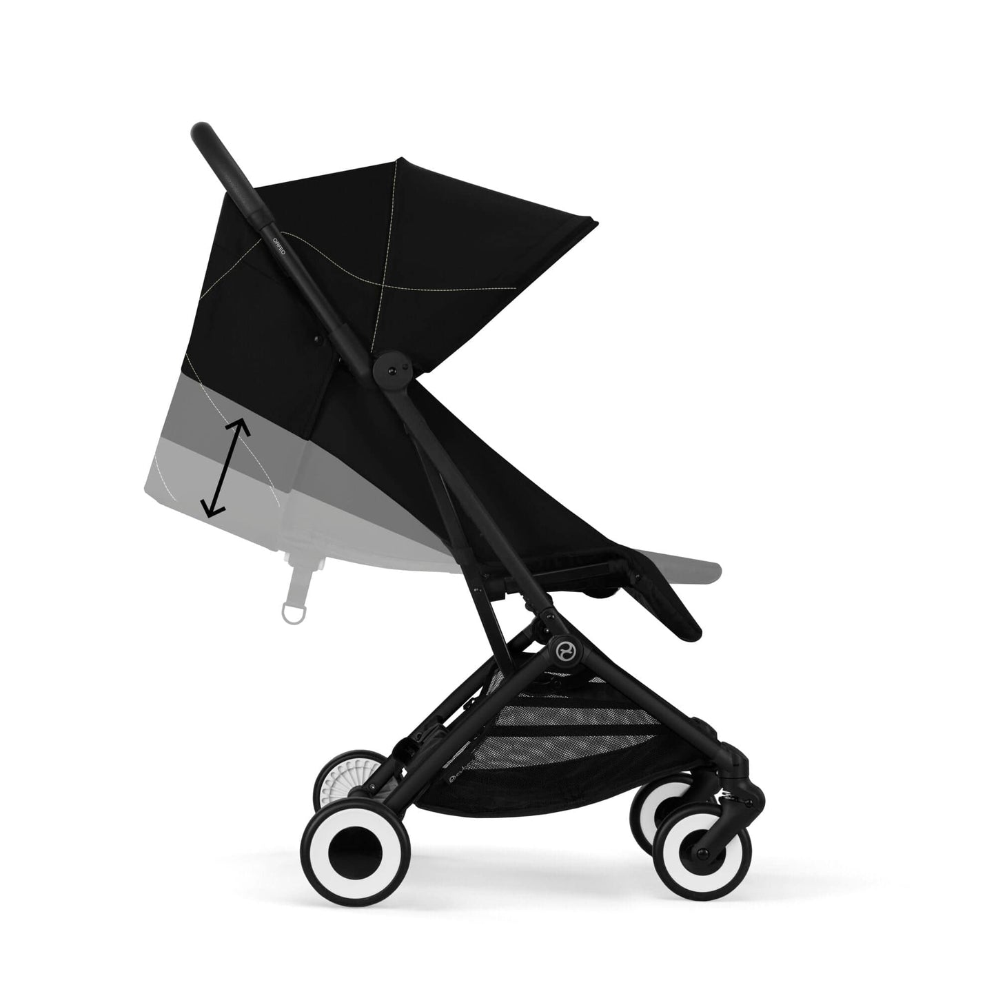 Black stroller with a canopy on a white background