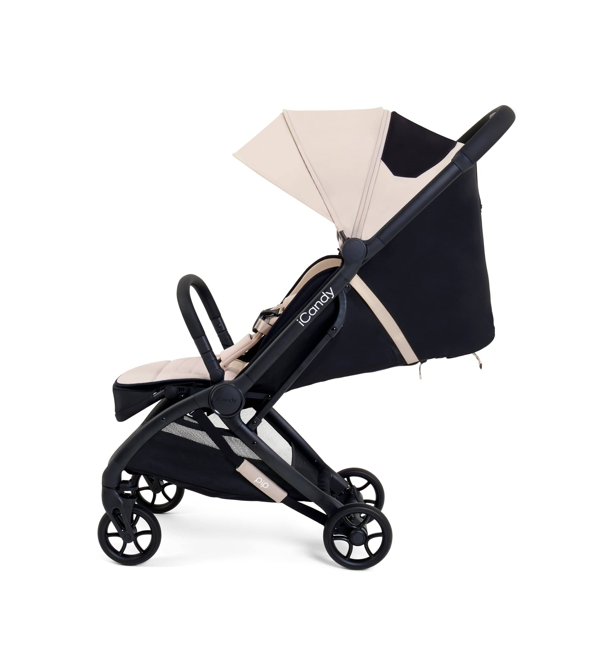Black and beige stroller with 'iCandy' branding on a white background