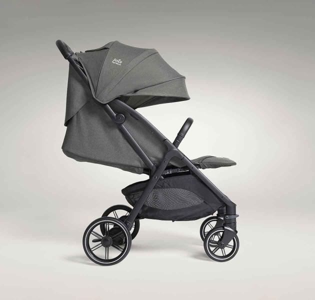 Lightweight travel stroller folded and standing upright