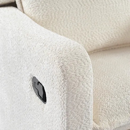 Bebe & Beyond Nestler Recliner Nursing Chair close-up of recline mechanism button on Off White Boucle upholstered arm