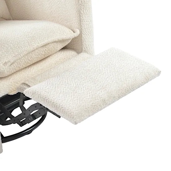 Bebe & Beyond Nestler Recliner Nursing Chair close-up of integrated padded footrest extended in Off White Boucle fabric