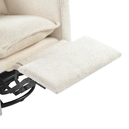Bebe & Beyond Nestler Recliner Nursing Chair close-up of integrated padded footrest extended in Off White Boucle fabric