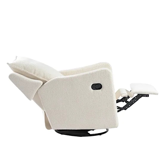 Bebe & Beyond Nestler Recliner Nursing Chair side view showing full recline position with footrest extended in Off White Boucle