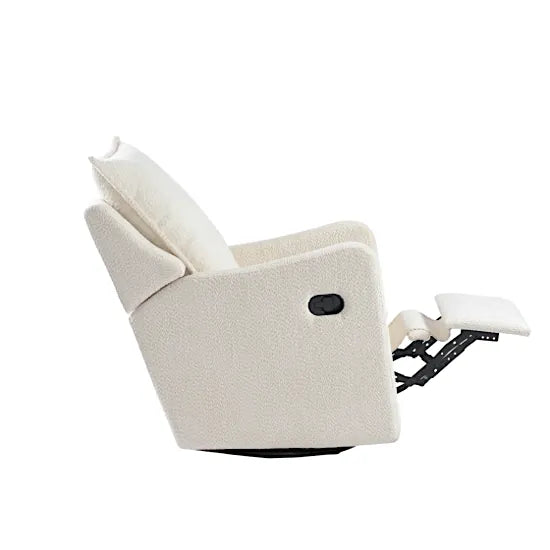 Bebe & Beyond Nestler Recliner Nursing Chair side view showing reclined position with integrated footrest fully extended
