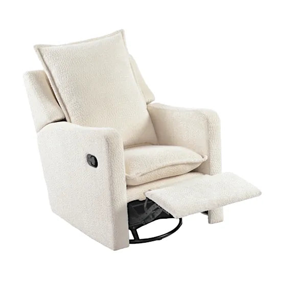 Bebe & Beyond Nestler Recliner Nursing Chair in Off White Boucle shown reclined with integrated footrest extended