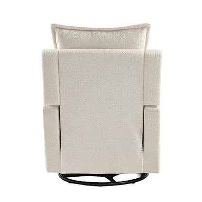 Bebe & Beyond Nestler Recliner Nursing Chair rear view showing Off White Boucle upholstery and 360-degree swivel base