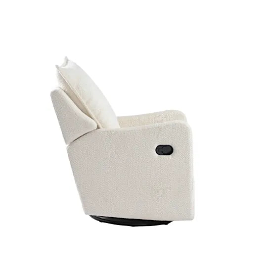 Bebe & Beyond Nestler Recliner Nursing Chair side profile showing recline button and 360-degree swivel base in Off White Boucle