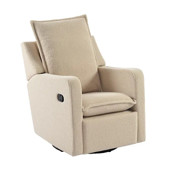 Bebe & Beyond Nestler Recliner Nursing Chair in Oat Teddy fabric with 360-degree swivel base and recline button detail
