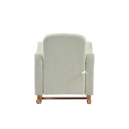 Bebe & Beyond Soother Nursing Chair in Sage Boucle rear view showing Sage Boucle fabric upholstery and natural wood rocking frame