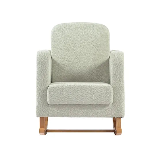 Bebe & Beyond Soother Nursing Chair in Sage Boucle front view showing deep cushioned seat and supportive high backrest