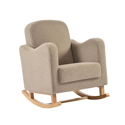 Bebe & Beyond Soother Nursing Chair in Biscuit Teddy fabric with ergonomic arms and natural wood rocking base