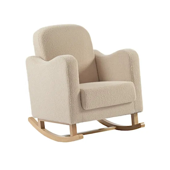 Bebe & Beyond Soother Nursing Chair in Oat Teddy fabric with ergonomic arms and natural wood rocking base