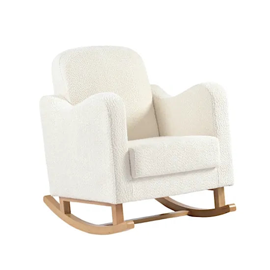 Bebe & Beyond Soother Nursing Chair in Off White Boucle fabric with ergonomic arms and natural wood rocking base