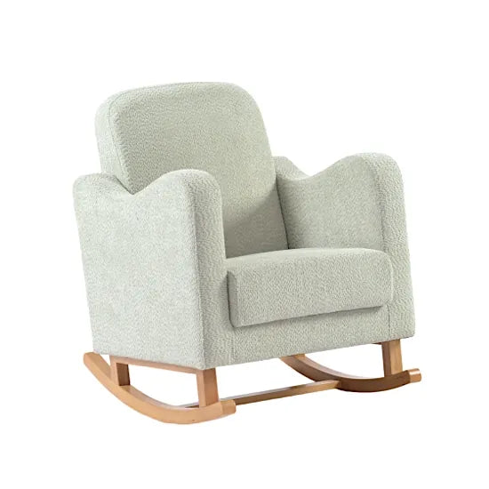 Bebe & Beyond Soother Nursing Chair in Sage Boucle fabric with ergonomic arms and natural wood rocking base