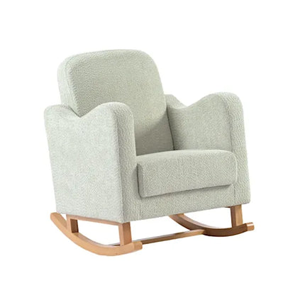 Bebe & Beyond Soother Nursing Chair in Sage Boucle fabric with ergonomic arms and natural wood rocking base