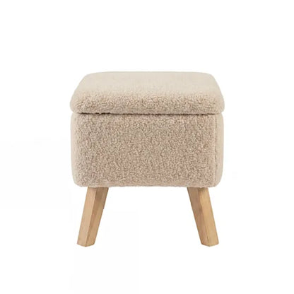 Bebe & Beyond Soother Nursing Storage Stool side view showing lift-up lid detail and Oat Teddy fabric finish