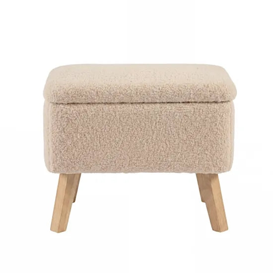 Bebe & Beyond Soother Nursing Storage Stool front view showing padded Oat Teddy upholstery and natural wood legs