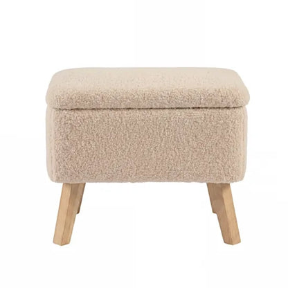 Bebe & Beyond Soother Nursing Storage Stool front view showing padded Oat Teddy upholstery and natural wood legs