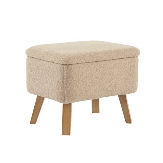 Bebe & Beyond Soother Nursing Storage Stool in Oat Teddy fabric with lift-up lid and natural wood legs