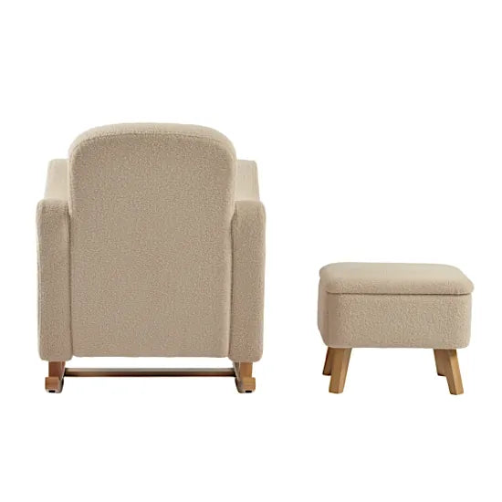 Bebe & Beyond Soother Nursing Chair and Storage Stool rear view showing Oat Teddy fabric upholstery and natural wood legs
