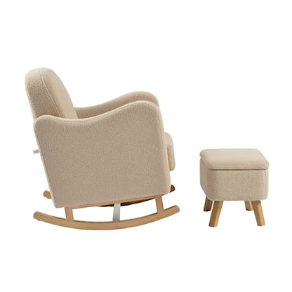 Bebe & Beyond Soother Nursing Chair side profile view showing curved silhouette and solid wood rocking base with matching storage stool