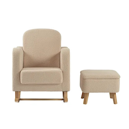 Bebe & Beyond Soother Nursing Chair and Storage Stool front view showing ergonomic arms and matching Oat Teddy upholstery