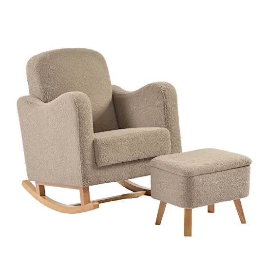 Bebe & Beyond Soother Nursing Chair and Storage Stool in Biscuit Teddy fabric with natural wood rocking base
