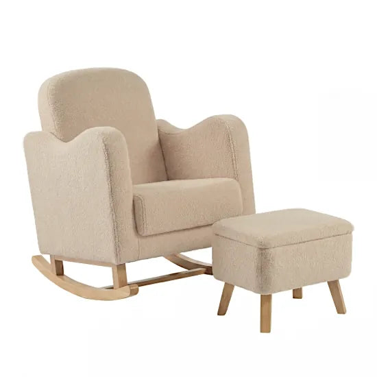 Bebe & Beyond Soother Nursing Chair and Storage Stool in Oat Teddy fabric with natural wood rocking base