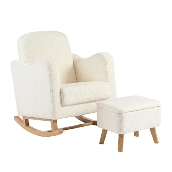 Bebe & Beyond Soother Nursing Chair and Storage Stool in Off White Boucle fabric with natural wood rocking base