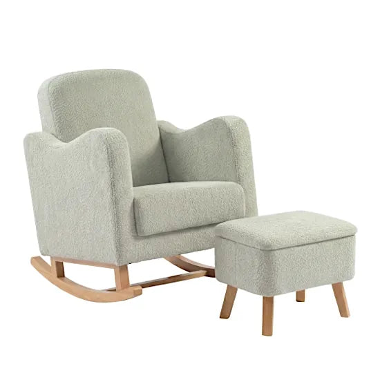 Bebe & Beyond Soother Nursing Chair and Storage Stool in Sage Boucle fabric with natural wood rocking base