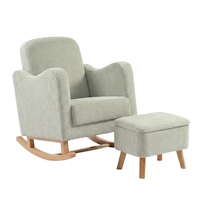 Bebe & Beyond Soother Nursing Chair and Storage Stool in Sage Boucle fabric with natural wood rocking base