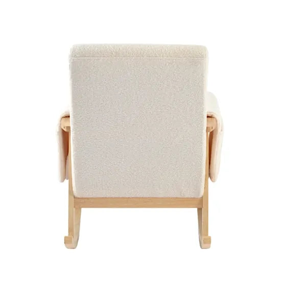 Bebe & Beyond Storyteller Nursing Chair rear view showing off-white Teddy fabric upholstery and natural wood rocking frame