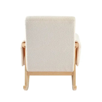 Bebe & Beyond Storyteller Nursing Chair rear view showing off-white Teddy fabric upholstery and natural wood rocking frame