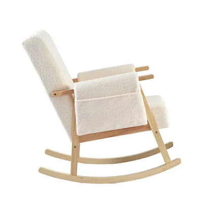 Bebe & Beyond Storyteller Nursing Chair side view highlighting generous storage pockets and solid wood rocking base