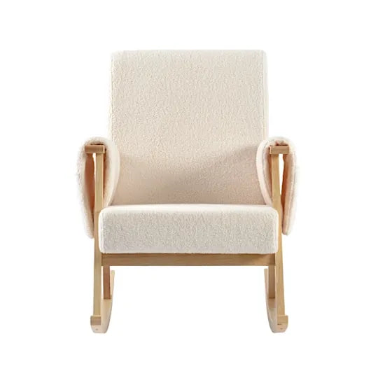 Bebe & Beyond Storyteller Nursing Chair front view showing deep cushioned seat and high supportive backrest in Off White Teddy