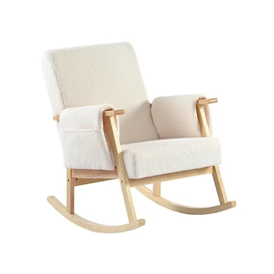 Bebe & Beyond Storyteller Nursing Chair in Off White Teddy fabric with natural wood rocking frame and side storage pockets