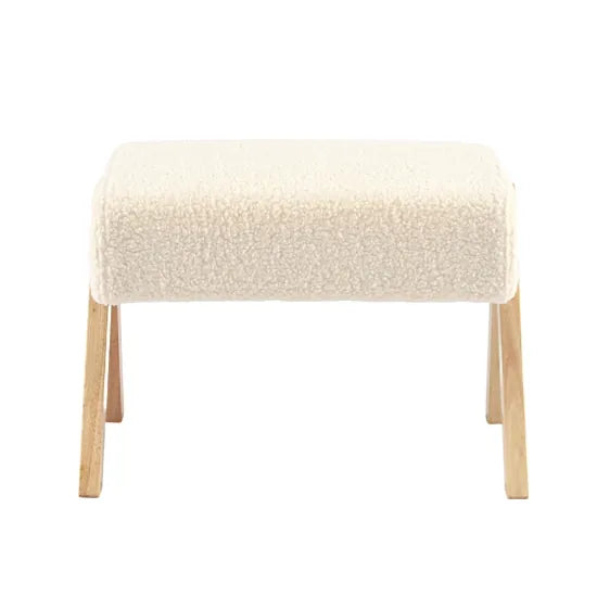Bebe & Beyond Storyteller Nursing Stool front view showing deeply cushioned Off White Teddy seat and natural wood frame