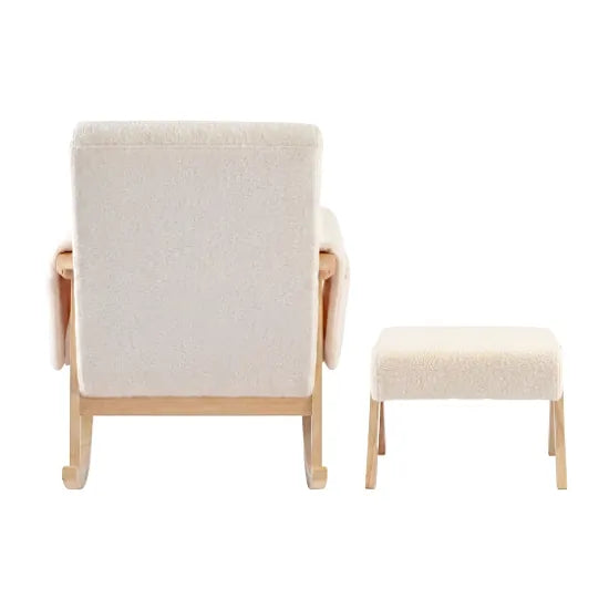 Bebe & Beyond Storyteller Nursing Chair and Stool rear view showing off-white Teddy fabric upholstery and natural wood legs