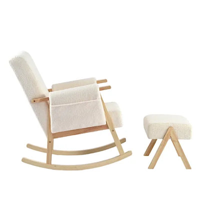 Bebe & Beyond Storyteller Nursing Chair side view showing storage pockets and solid wood rocking base with matching footstool