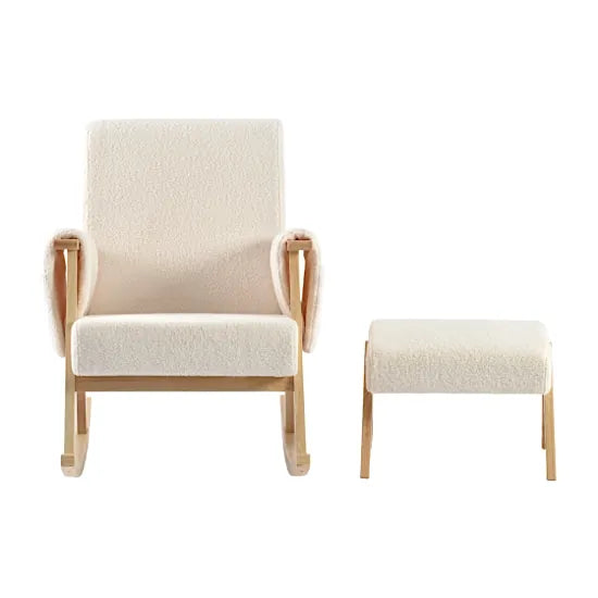 Bebe & Beyond Storyteller Nursing Chair and Stool front view showing matching Off White Teddy upholstery and natural wood frames
