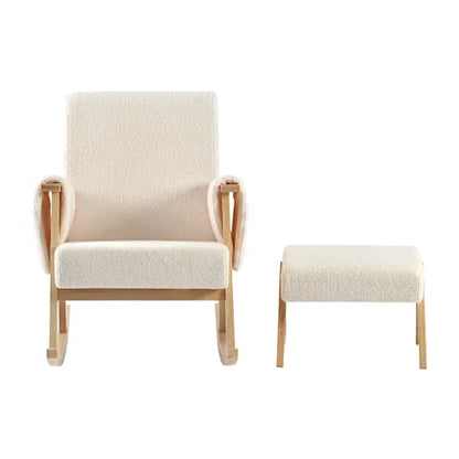 Bebe & Beyond Storyteller Nursing Chair and Stool front view showing matching Off White Teddy upholstery and natural wood frames