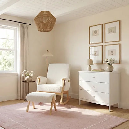 Bebe & Beyond Storyteller Nursing Chair and Stool styled in a neutral cream nursery alongside white chest of drawers
