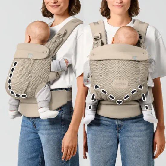 Cybex Amya Baby Carrier shown in two carrying positions side by side — inward-facing and outward-facing — with ergonomic seat zone highlighted