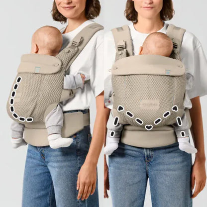 Cybex Amya Baby Carrier shown in two carrying positions side by side — inward-facing and outward-facing — with ergonomic seat zone highlighted
