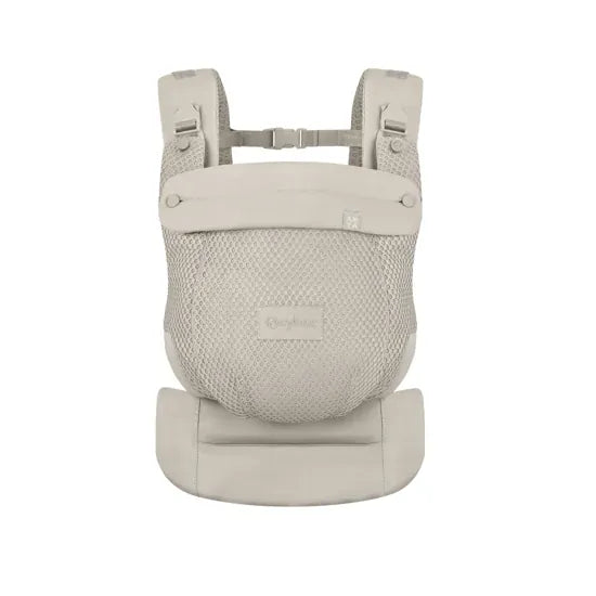 Cybex Amya Baby Carrier in Dune Grey with teal accent, front view showing ergonomic mesh carrier body