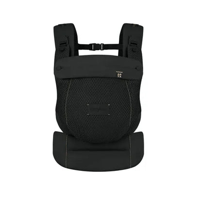 Cybex Amya Baby Carrier in Black with gold contrast stitching, front view - AMYA branding visible on chest flap