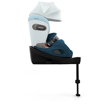 Side view of the CYBEX Anoris S airbag car seat in Opal Blue with the XXL UPF50+ sun canopy